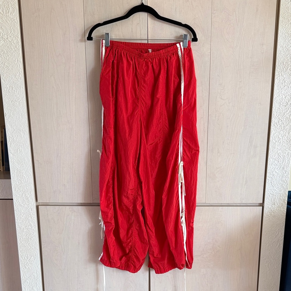 Anthropologie Daily Practice Red Parachute Pants w White Side Stripes